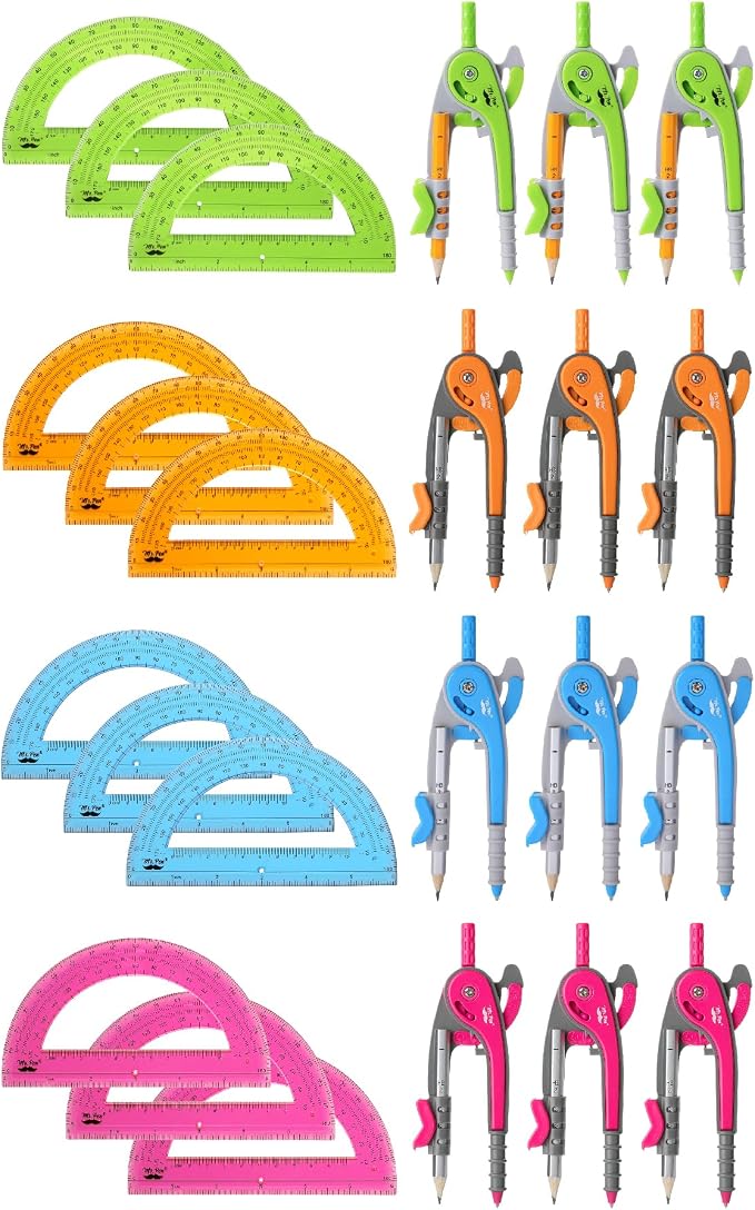 Mr. Pen- Geometry Compass and Protractor Set, 12 Sets, 6 Inch Compass, 6 Inch Protractor, Bulk Drawing Tool for School, Clear Plastic, Easy Grip, Precision Design for Math, Art, Drafting, Architecture