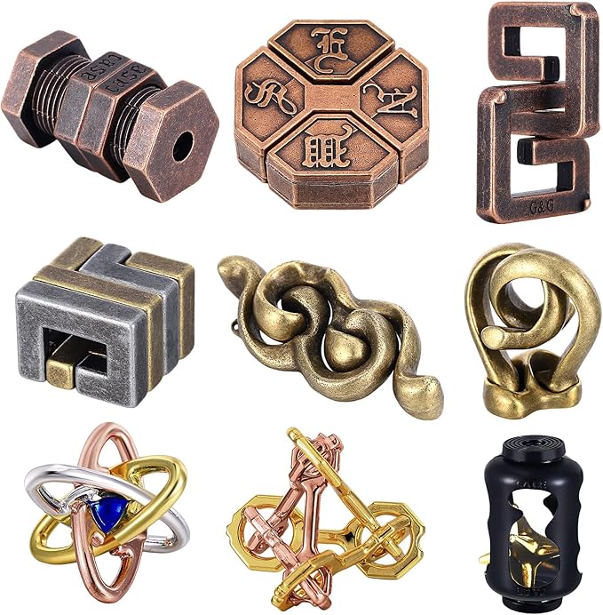 Wettarn 9 Pcs Metal Brain Teaser Puzzles 3D Steel Puzzle Set for Adults IQ Logic Challenge Disentanglement Unlock Interlocking Games Smart Logic Test Toys for Adults Mind Challenge(Adorable Style)