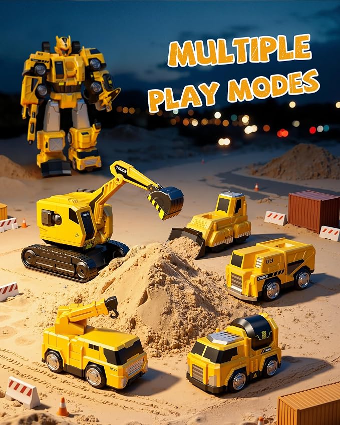 5-in-1 Construction Truck Toys for 3 4 5 6 Year Old Boys, Transform Toys for Boys 4-6, Easy DIY Magnetic Assembly, Birthday Gifts for 3 4 5 6 Year Old Boys, STEM Robot Toys for Boys Kids