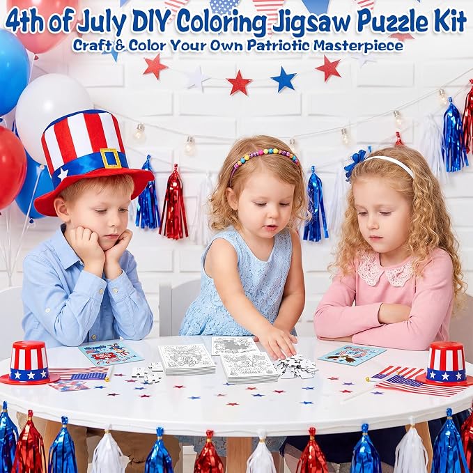 Fennoral 24 Pack 4th of July Craft Kit for Kids Color You Own Patriotic Jigsaw Puzzle with Base DIY Coloring Independence Day Art and Craft for Classroom Activity Party Favor Supplies,4.7inch