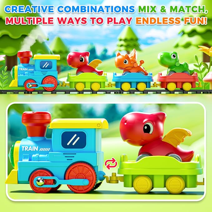 Train Set for Toddlers with Steam, Music, Lights and 3 Dinosaur Cars | Electric train fun meets dinosaur play with music, lights and a gentle steam effect.