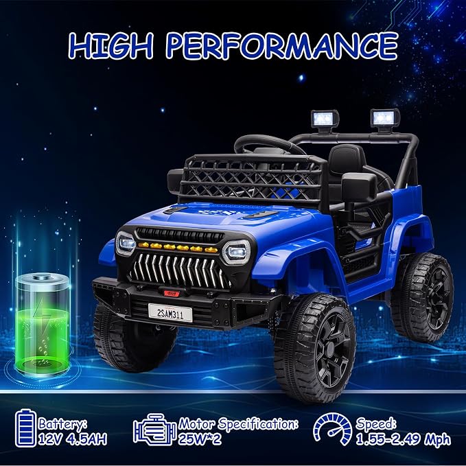 GarveeLife 12V Kids Ride On Truck Electric Vehicle Battery Powered Car Toddles Ride On Toy for Boys Girls with Remote Control, 4-Wheel Suspension, Battery Display, Led Lights, Music, Navy Blue
