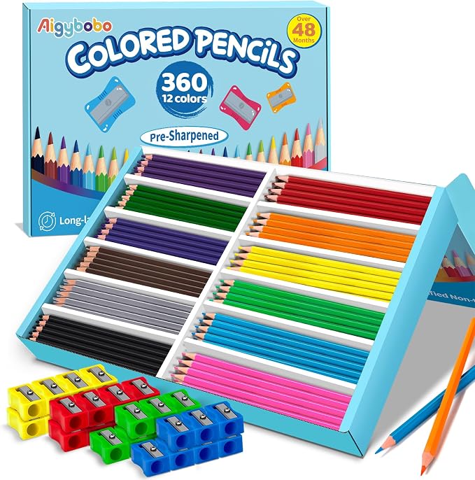 360 Count Colored Pencils Bulk for Classrrom, Color Pencils for Kids in 12 Vibrant Colors, Pre-sharpened Coloring Pencils Set Plus 30 Sharpeners, Bulk Pack Colored Pencils for Back to School Supplies