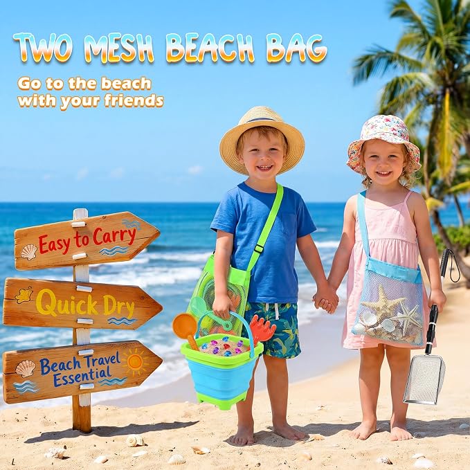 Beach Sand Toys Set with 2 PCS Adjustable Sand Sifter, Collapsible Beach Bucket,Sandbox Shovels,Sand Castle Kit,Diving Gem,Seashell Bags,Sand Sifter Shell Scooper Beach Essentials for kids 3-12