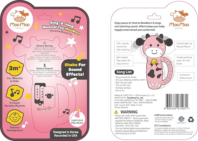 MooMoo Baby Musical Toy, 4‑in‑1 Light‑Up Sensory Toy & Teether for 3–24 Month Babies, BPA‑Free with Easy‑Grip Handle, Cute Cow‑Shaped Travel Toy for Car Seat & Stroller (Pink)
