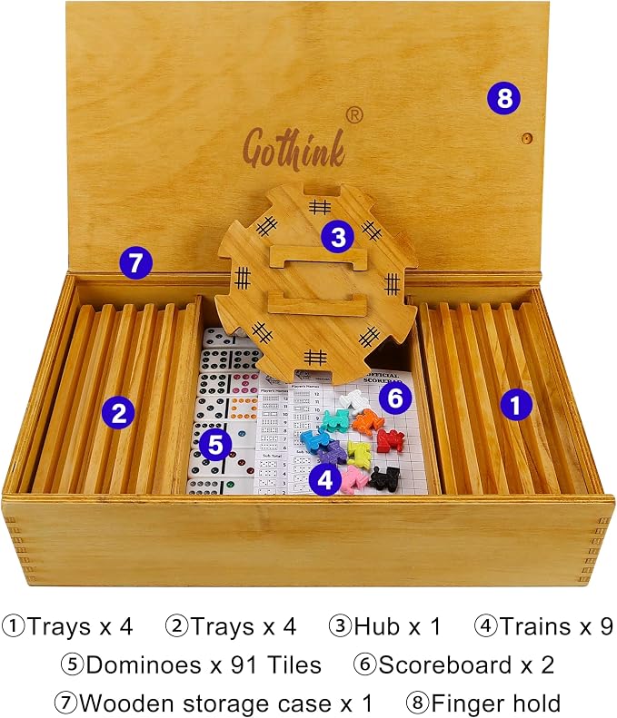 GOTHINK Double 12 Mexican Train Dominoes Set in Wooden Carry Case, Colored Dots Domino Set for Adults Kids and Family, Included 91 Tiles, 9 Trains, Wooden Hub, 8 Holders, 2 Scorepad in Vintage Box