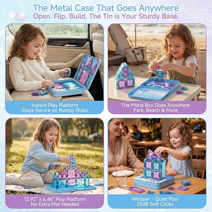 burgkidz Magnetic Travel Tiles for Kids 3-8: 42PCS Large & Small Ice Blue Purple Glitter Blocks – 2-in-1 Storage & Base – 90+ Min Quiet Play, 300+ Builds, 30s Cleanup – Car & Plane Toys for Girls