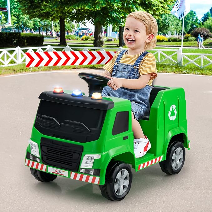 Costzon Ride on Car, 12V Battery Powered Recycling Garbage Truck w/Remote Control, Warning Lights, Music, Horn, 6 Recycling Accessories, Ride on Truck Toy for Kids 3-8 Years Old (Green)