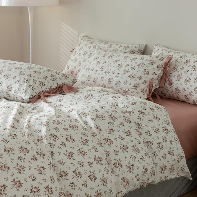 Queen Comforter Set White and Pink Floral Comforter Set for Girls Vintage Garden Flower Leaves Bedding Comforter Set 1 Floral Blush Comforter with 2 Bow Ties Pillowcases Fluffy Botanical Comforter Set