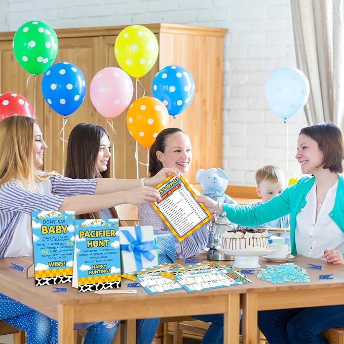 327 Pcs Cartoon Story Baby Shower Game Supply for Girl or Boy Include 200 Activity Card 25 Pencil 1 Don't Say Baby Sign 50 Clothespin 1 Pacifier Hunt Sign 50 Pacifier for Price Is Right Party Decor