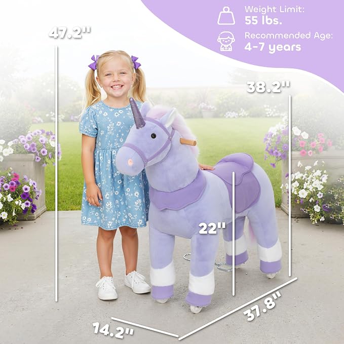 Qaba Ride on Horse for Kids 4-7 Years, 37.8 Inch Height Plush Riding Unicorn, Walking Horse Animal with Rolling Wheels for Active Play, No Batteries Required, Purple