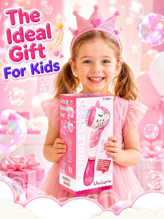 Unicorn Bubble Machine Wand Gifts for Kids Toddlers Age 1 2 3 4 5 6 7 8 Years Old Birthday Party Unique Cute Baby Outdoor Outside Summer Toy Easter Day Game for Little Girl Boy Include Solution Pink