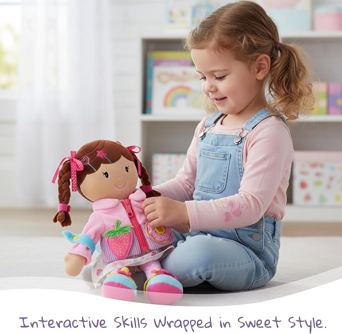 June Garden Personalized Dressy Friends Daisy – Custom Name Plush Doll for Toddlers – Montessori Learn-to-Dress Soft Toy with Buckles, Zipper & Ties – Educational Gift for Girls & Boys Age 2+