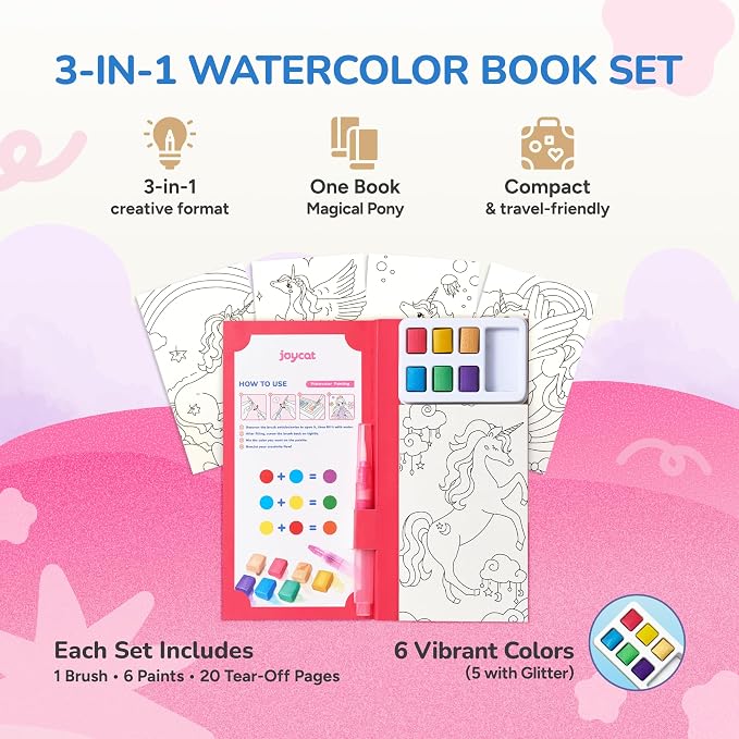 JoyCat Pocket Paint with Water Coloring Books for Kids, Art & Craft Activity Toy Set, Creative Travel & Home Painting Kit, Gifts for Girls & Boys Ages 3-8 (Magical Pony)