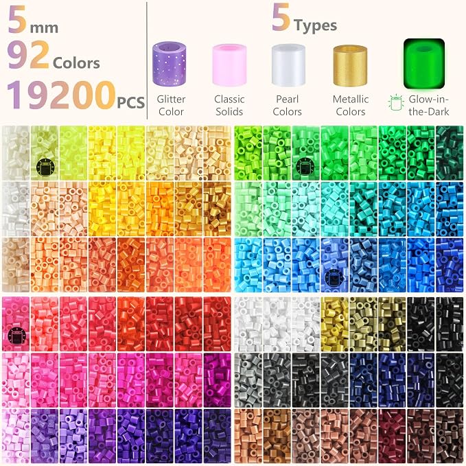Zefy Fuse Beads Kit 92 Colors 19200 Pcs Melting Beads 5mm, Including 124 Patterns, 6 Pegboards, Ironing Paper, Tweezers & Hooks, Home School Arts and Crafts for Kids, Toys Gifts for Girls and Boys