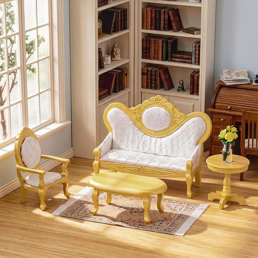 Skylety 7 Pcs Wooden Dollhouse Furniture Set 1: 12 Scale Victorian Dollhouse Bedroom Furniture, Bed Dressing Table Wardrobe Carpet for Adults Toys Miniature Doll House Accessories(Gold,Fashion)