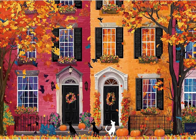 Colorful Autumn Street Scene 1000 Piece Puzzles for Adults Clearance, Funny Fall Harvest Theme Puzzles for Adults,27.5 * 19.7 in Dust Free, Stress Relief Ideal Gift for Family Games