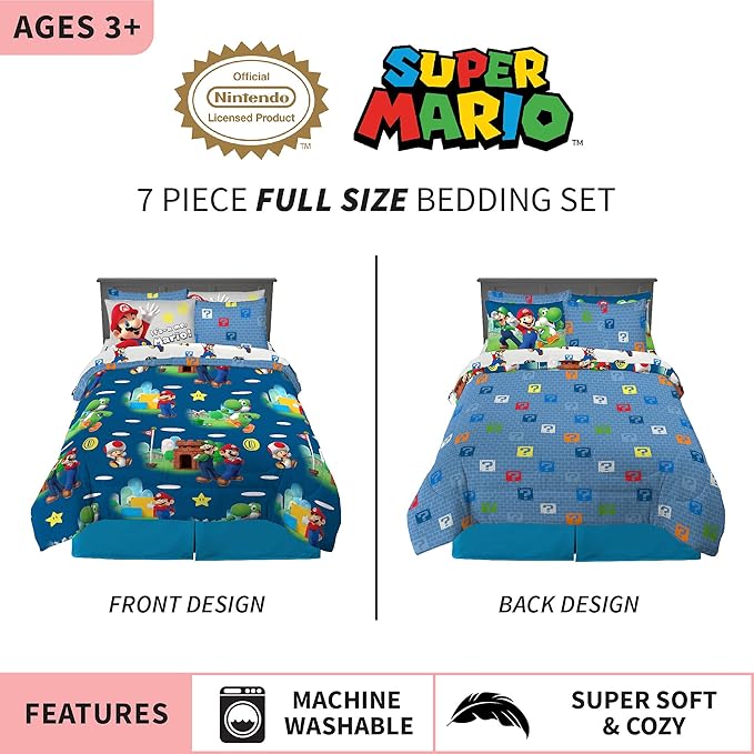 Super Mario Kids Bedding Set, Full Size 7 Piece Comforter and Sheet Set with Sham, (Officially Licensed Product) by Franco