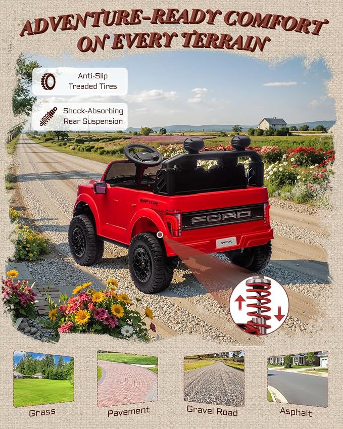 First Ride On 24V 2 Seater Ride on Toys for Kids, Licensed Ford F-150 Raptor Kids Electric Vehicles w/Remote Control, Power Pedal and Durable Wheels, LED Lights, Bluetooth, Truck Bed Storage (Red)