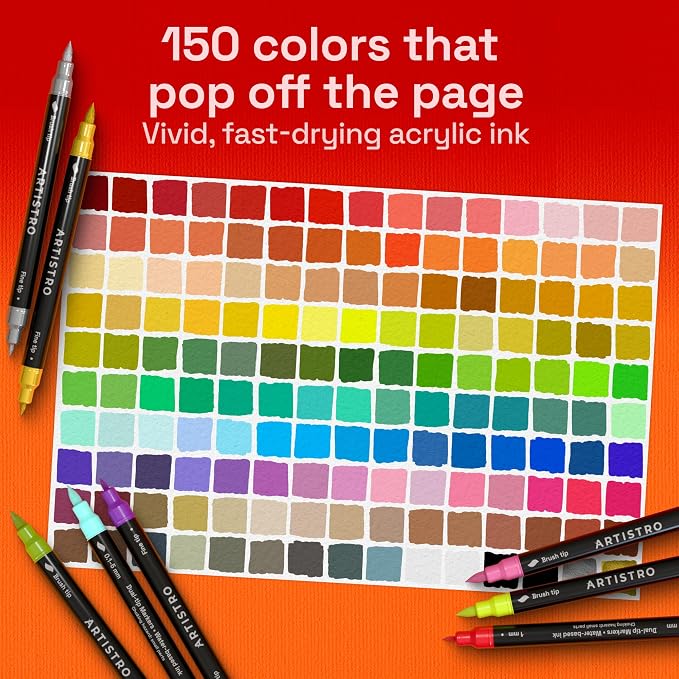 ARTISTRO 150 Acrylic Paint Markers - Paint Pens for Glass Marking, Rock Painting, Ceramic, Wood, Fabric, DIY, Craft, Canvas - Art and Craft Supplies for Adults, Teens, Kids (Brush + Fine Tips)
