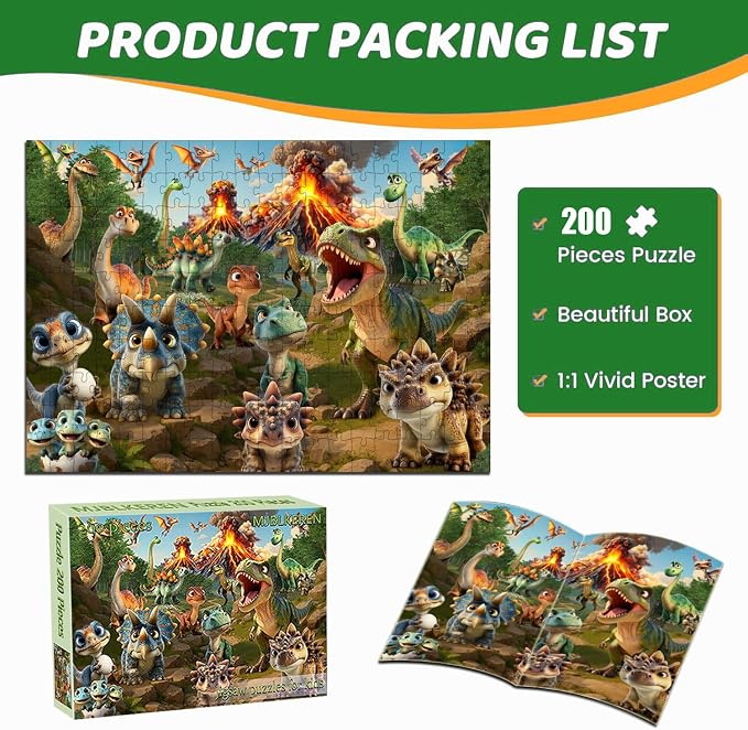 Puzzles for Kids Ages 6-8 8-10 Year Old, 200 Pieces Jigsaw Puzzles for Kids-Dinosaur World， Learning Educational Toys for Boys and Girls Ages 10-12 Year Old