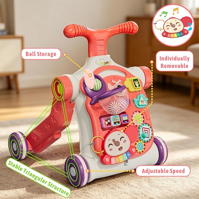 QDRAGON 5 in 1 Walker for Baby Girl, Baby Push Walkers, Assemble as Scooter/Motorbike/Activity Center/Detachable Panel, Walking Toys for Infants, Red