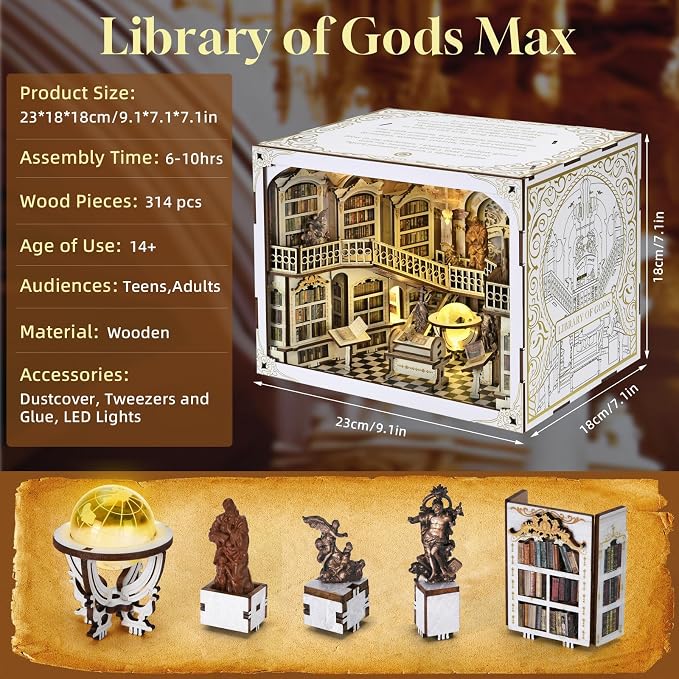 MiniCity DIY Book Nook Kit for Adults, 3D Wooden Puzzle Bookend Bookshelf Insert Decor with LED Light and Dust Cover (Library of Gods Max)