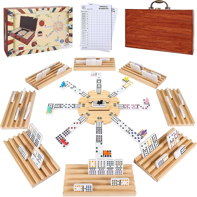 GOTHINK Double 12 Mexican Train Dominoes Set in Wooden Carry Case, Colored Dots Domino Set for Adults Kids and Family, Included 91 Tiles, 9 Trains, Wooden Hub, 8 Holders, 2 Scorepad, Modern Box