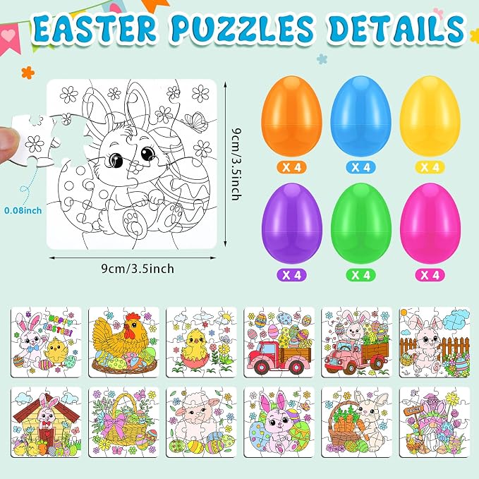 Realspring 24 Set Easter Eggs Jigsaw Puzzle for Kids Egg Hunt Game 24 Mini Bunny Puzzles DIY Coloring Paper Jigsaw Easter Eggs Basket Stuffers Fillers for Party Favors Classroom Exchange Reward School