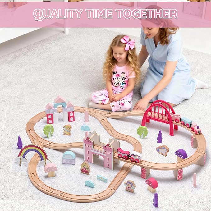 SainSmart Jr. Wooden Train Set 72 PCS Pink Train Set with Unicorn for Toddlers, Train Track Set Fit for Major Brands, Toddler Girl Toys with Castle - Ideal Train Toys Gift for 3 4 5 Year Old Girl
