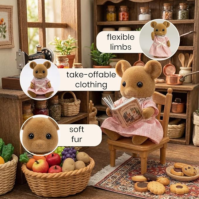 Family Brown Mouse Figures — Set of 2 Collectible Flocked Mini Dolls with Removable Clothes, Dollhouse Pretend Play Set for Kids Ages 3+