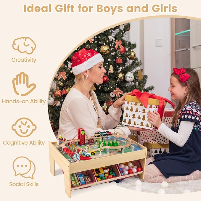 HONEY JOY Train Table, Wooden Kids Activity Table with 3 Storage Bins, 94 Multicolor Pieces, Tracks, Trains, Cars, Toddler Train Table Set with Reversible Tabletop, Gift for Boys Girls Age 3+