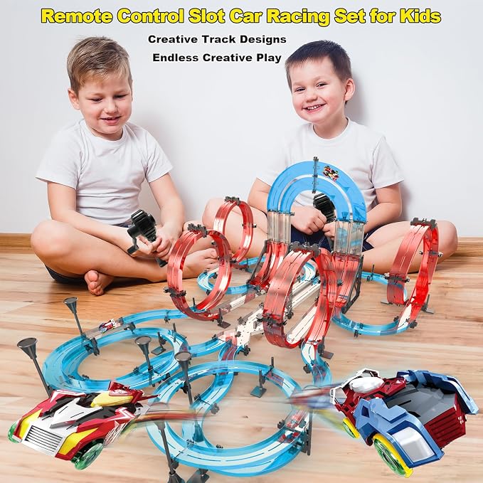 Slot Car Race Track Sets Dual-Player Electric Remote Control Cars Magnetic Cars Racing Game with Hand Controllers Circular Overpass Track Birthday Toys for Boys Kids 6 7 8-12