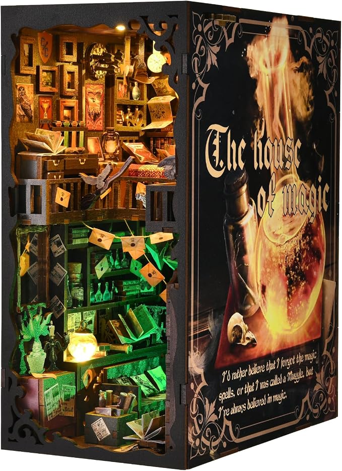 TOYQI Book Nook Kit, Book Nook Kits for Adults | DIY Miniature Dollhouse Kit 3D Wooden Puzzle Booknook Bookend with LED Light