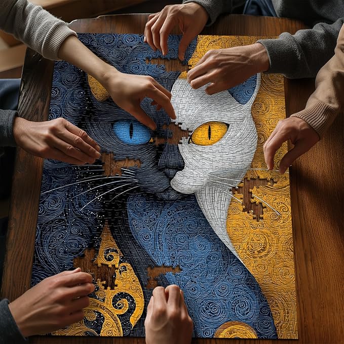 PICKFORU Cat Puzzles for Adults 1000 Pieces, Animal Abstract Yingyang Fantasy Cat Jigsaw Puzzle, Unique Art Mysterious Kitty Challenge Puzzle