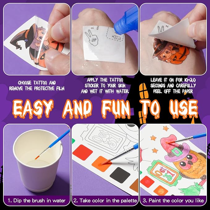 Halloween Party Favors for Kids, 120Pcs Water Coloring Books & 320Pcs Temporary Tattoos Bulk for Goodie Bags Stuffers Classroom Prizes Halloween Trick or Treat Crafts for Kids Party Supplies