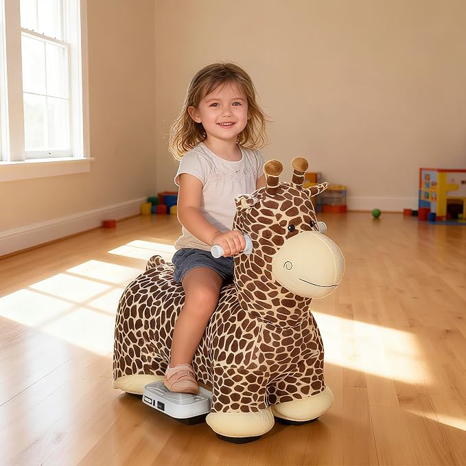 Qaba 6V Kids Ride On Horse, Battery Powered Ride on Toy, Giraffe Shaped Electric Riding Animal with Washable Plush Cover, Music, PU Wheels, Foot Pedal, Forward, for Girls Boys Aged 1.5-5 Years, Brown