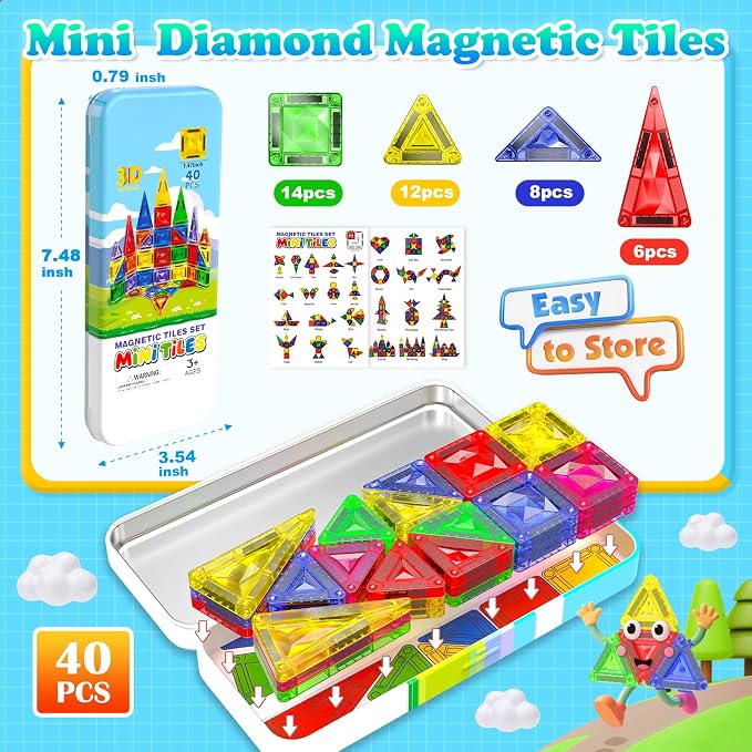 Mini Magnetic Tiles, 40 PCS Diamond Pattern Magnetic Tiles with Tin,Micro Magnet Travel Toy Portable for Kids Age 3+,STEM Educational Building Set Construction Toys,Boys Girls Toddlers Birthday Gifts