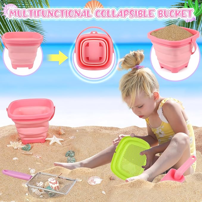 Beach Shell Collecting Set, Sand Toys with Collapsible Bucket, Shark Tooth Sifter, Sand Sifter, Mesh Bag, Outdoor Exploration Tools & Treasure Hunt Toys for Kids, Family Beach Vacation Essentials