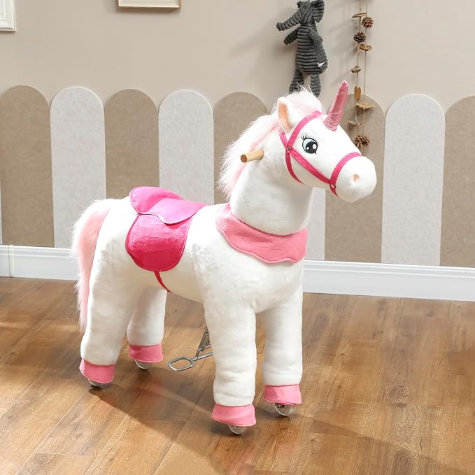 Qaba Ride on Horse for Kids 4-7 Years, 37.8 Inch Height Plush Riding Unicorn, Walking Horse Animal with Rolling Wheels for Active Play, No Batteries Required, White
