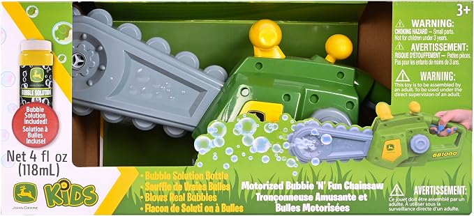 John Deere Motorized Bubble Chainsaw Toy for Kids – Bubble Blowing Pretend Play Tool - Toddler Bubble Blaster Machine - Includes Non-Toxic Bubble Solution, Ages 3+
