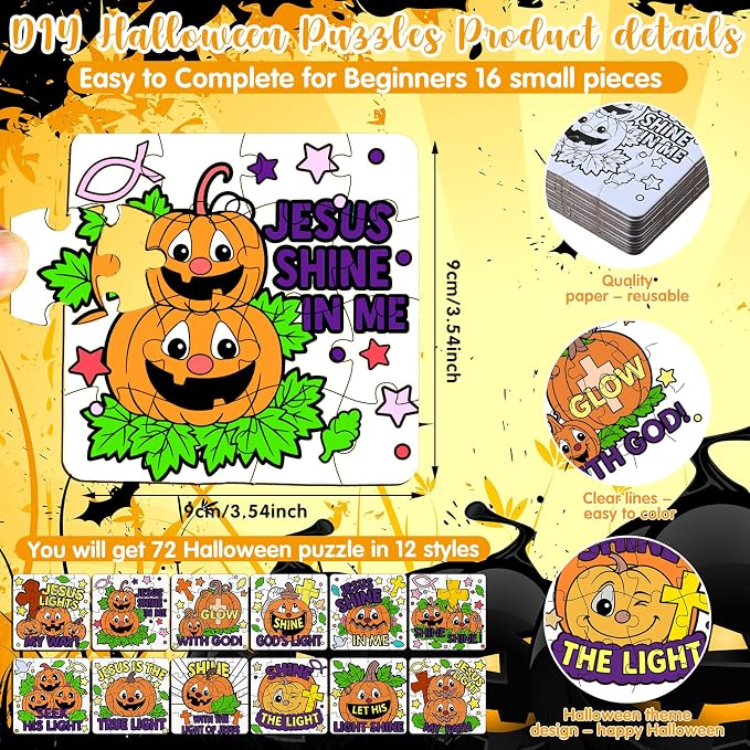 Realspring 24 Pack Christian Pumpkin Color Your Own Halloween Jigsaw Puzzles for Kids 3-5, 4-6, 6-8, Christian Pumpkin Crafts DIY Coloring Paper Jigsaw Halloween Party Favors Goodie Treat Gift