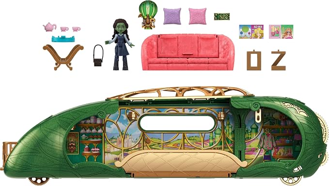 Mattel Universal Pictures’ Wicked Emerald City Train Playset with Elphaba Small Doll, 3 Play Spaces & 14 Accessories, Inspired by the Movie
