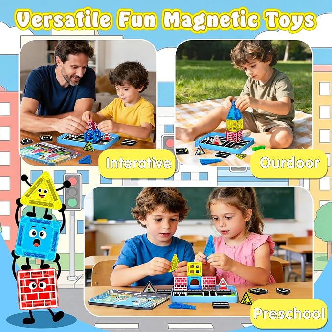 Goodtiles Mini Magnetic Tiles Road Set,STEM Building Toys for Kids Ages 3-8 | Screen-free Travel Toys, Preschool Magnetic Building Blocks, Birthday Gifts for Boys Girls 3+