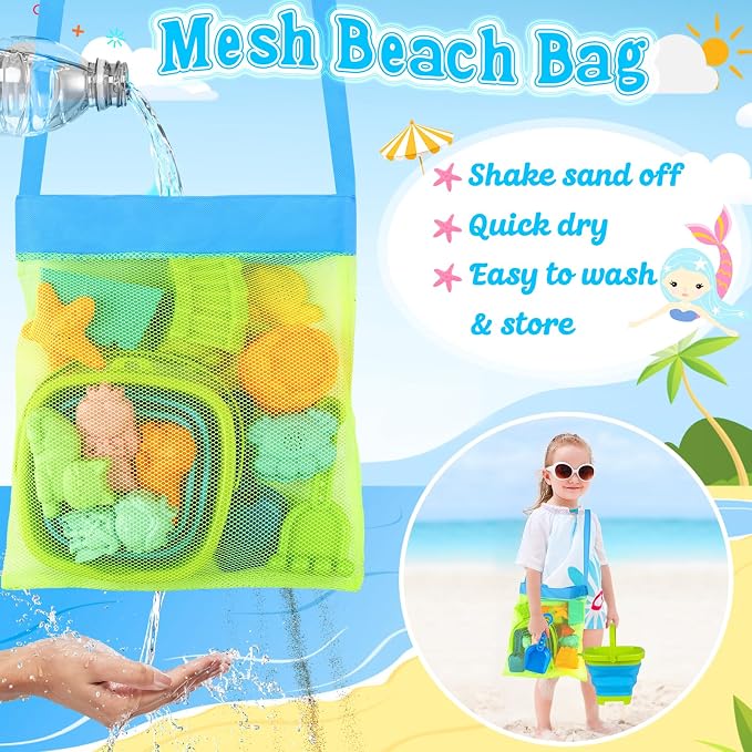 Collapsible Beach Toys for Kids Toddlers, Foldable Sand Bucket and Shovels Set with Mesh Bag & Sand Castle Building Kit, Travel Sand Toys for Beach Essentials, Sandbox Toys for Baby Kids Age 3-10