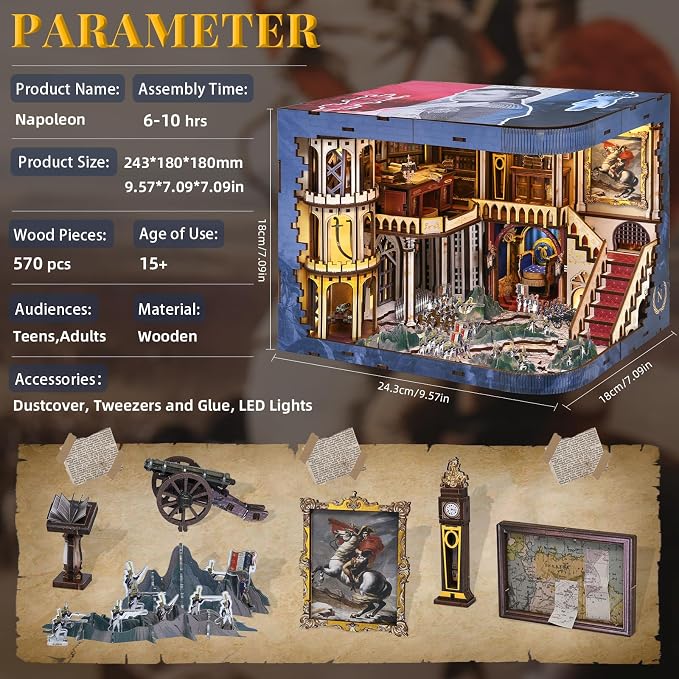 MiniCity DIY Book Nook Kits for Adults, Miniature Dollhouse Booknook Kit, 3D Wooden Puzzle Creative Decorative Bookends Bookshelf Diorama Insert Crafts Hobbies Gifts (Napoléon)