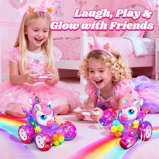 Unicorn RC Cars for Girl Toys with Glowling Crystal Wings & Eyes Lights, 360° Rotation Remote Control Car Pink Unicorn Stunt Car Kids Toys Birthday Gifts for 3 4 5 6 7 8 9 10 Year Old Girls