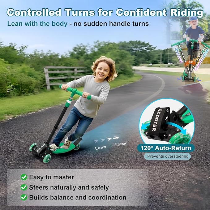 3 Wheel Kids Kick Scooter for Ages 3-12, Lean-to-Steer, Light-Up Wheels, 3-Level Adjustable Handlebar 27.5”-33”, Wide Non-Slip Deck, Dual Rear Brake,Travel Foldable, for Boys & Girls Toy Gifts
