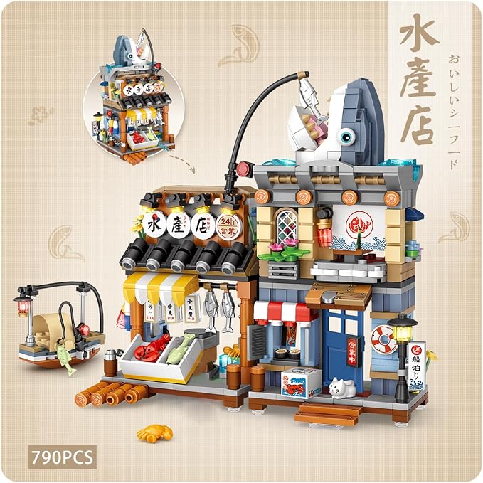 ELAICREE Japanese Street View Shop Building Blocks House Toy, New 4 Models Mini DIY Building Blocks Model MOC Construction Toy, Gift for 6-12 Years Old Kid Girls and Boys