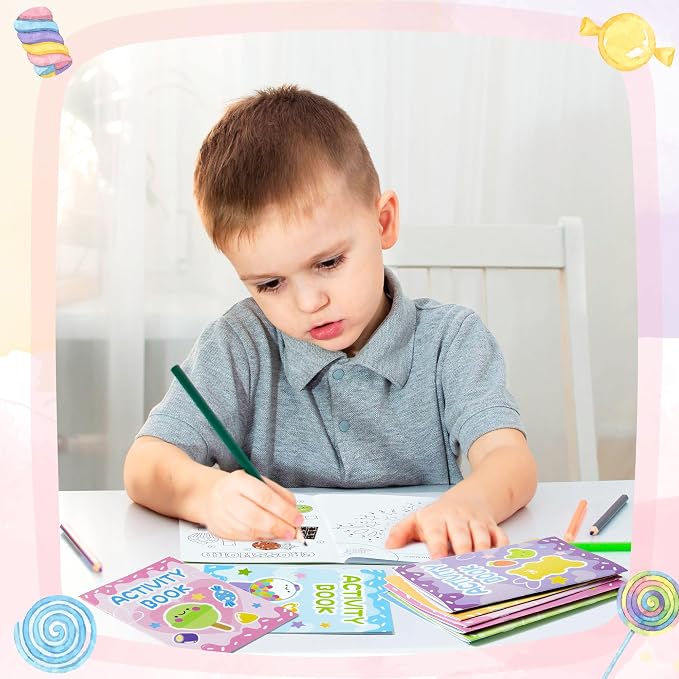 Candy Activity Books for Kids - 24Pc Coloring Book Set with Mazes, Word Scramble Games & Mini Books for Birthday Party Goodie Bags & School Classroom Favors